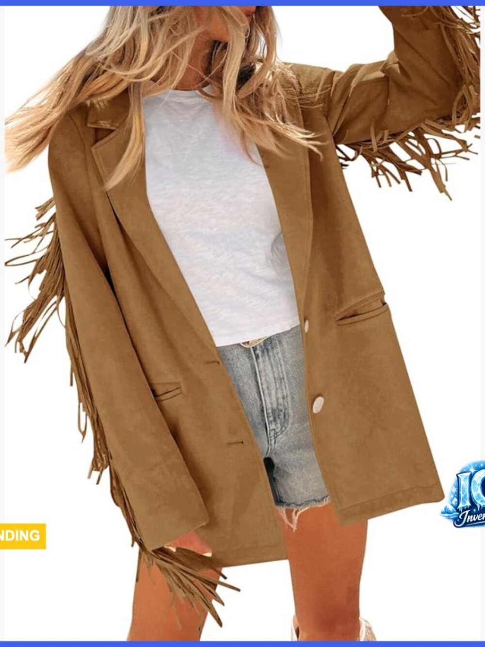 Faux Suede Fringe Blazer Jacket with Lapel Collar Button Front